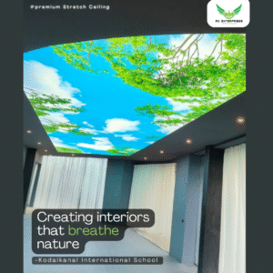 nature and sky printed stretch ceiling at kodaikanal international school